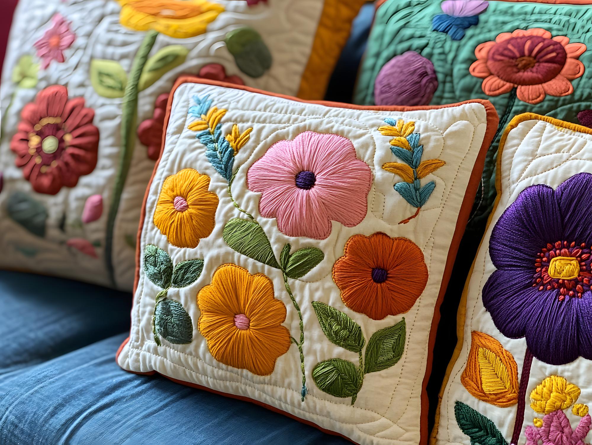 Hand-stitched embroidered cushion with floral motif