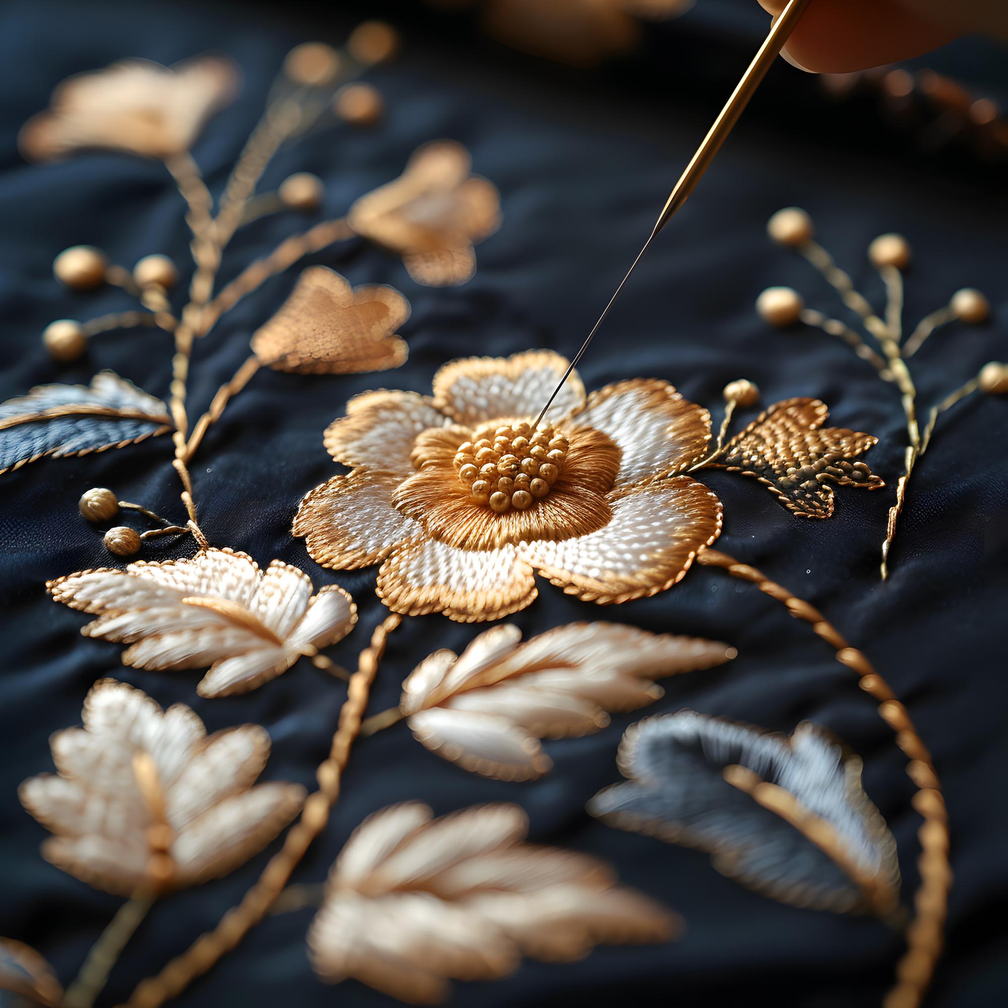 Close-up of gold-thread floral embroidery on dark fabric